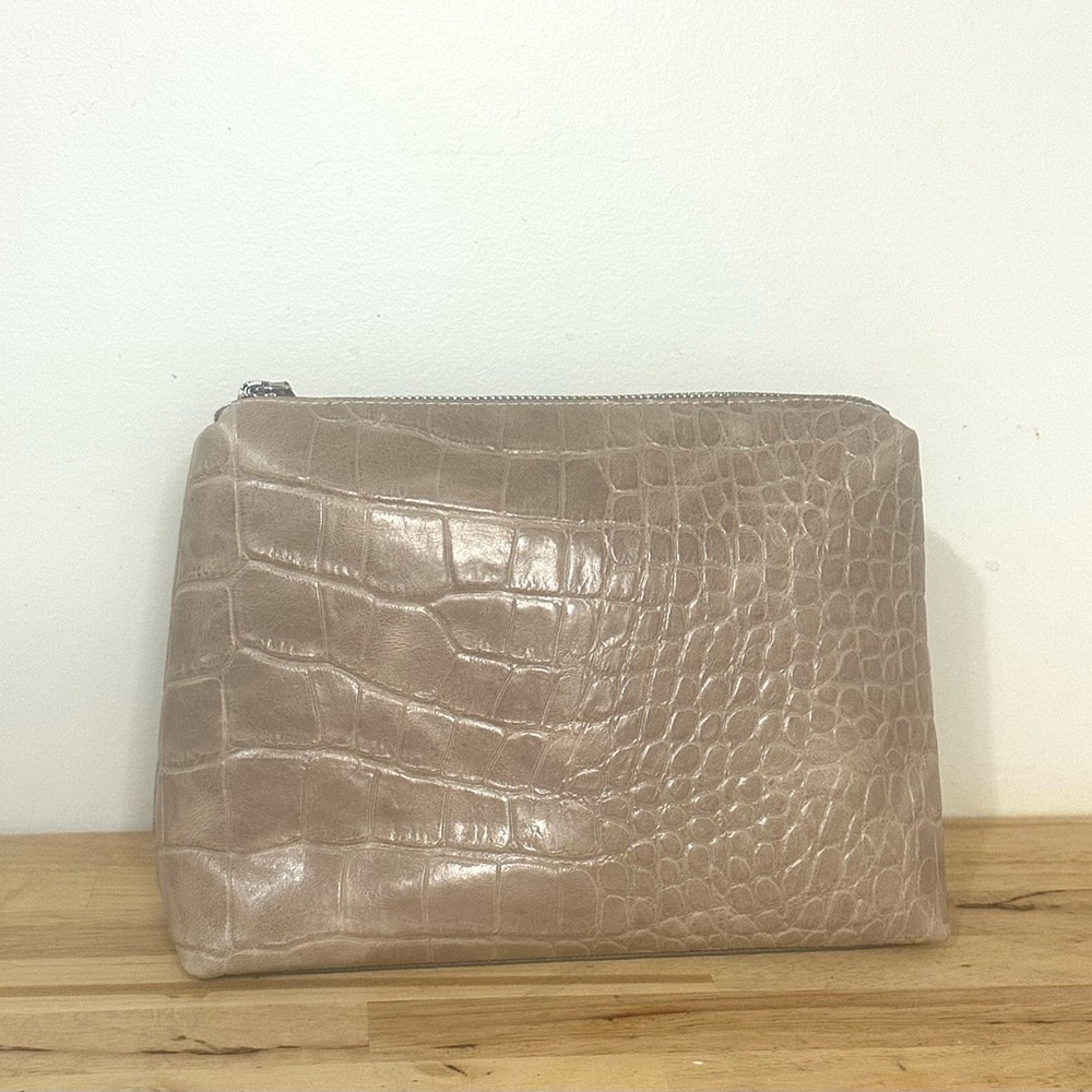 Staud Grey & Tan Embossed Leather Zip Storage Pouch Makeup Bag